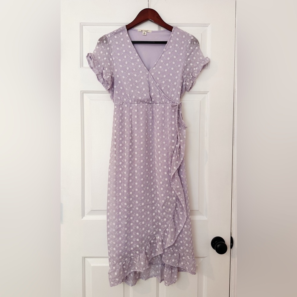 Miami size medium lilac eyelet midi dress with embroidered white flowers.